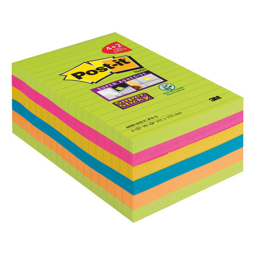 Post-it Super Sticky XXL 101x152 90 Sheets Rainbow Ref 4690-SSUC-P4 [Pack 4 + 2 Free]