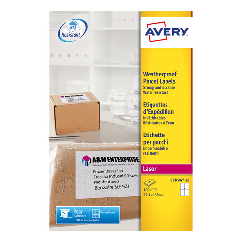 Avery Parcel Labels Laser 4 per Sheet Weatherproof 99.1x139mm White Ref L7994-25 [100 Labels]