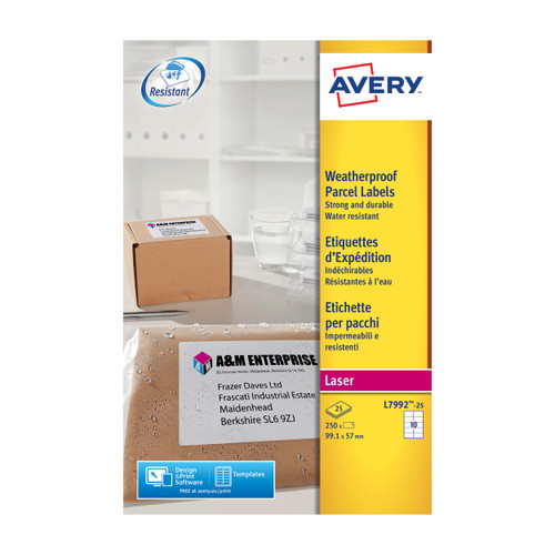 Avery Parcel Labels Weatherproof Laser 10 per Sheet 99.1x57mm White Ref L7992-25 [250 Labels]