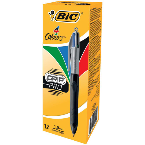 Bic 4-Colour Grip Pro Ball Pen Medium 1.0mm Tip 0.32mm Line Blue Black Red Green Ref 8922931 [Pack 12]