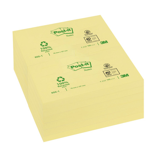 Post-it Recycled Notes Pad of 100 76x127mm Yellow Ref 655-1Y [Pack 12]