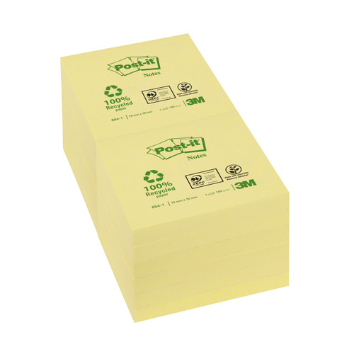 Post-it Recycled Notes Pad of 100 76x76mm Yellow Ref 654-1Y [Pack 12]