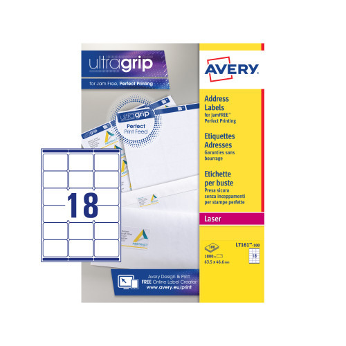 Avery Addressing Labels Laser Jam-free 18 per Sheet 63.5x46.6mm White Ref L7161-100 [1800 Labels]