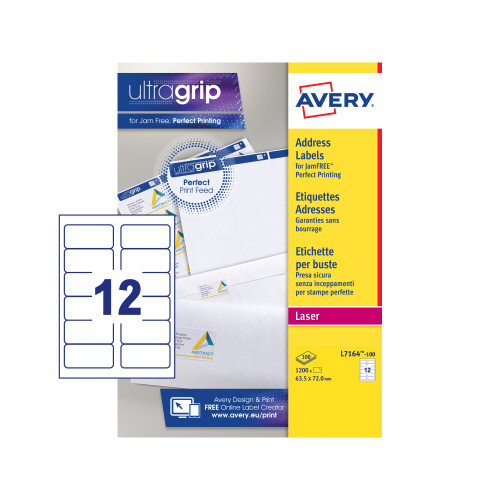 Avery Addressing Labels Laser Jam-free 12 per Sheet 63.5x72mm White Ref L7164-100 [1200 Labels]