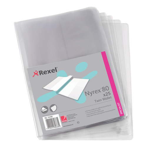 Rexel Nyrex 80 Twin Wallet with 2 Vertical Inside Pockets A4 Clear Ref 12195 [Pack 25]