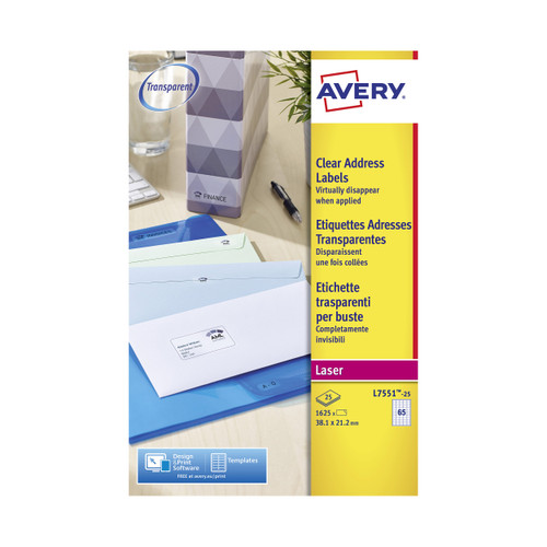 Avery Mini Address Labels Laser 65 per Sheet 38.1x21.2mm Clear Ref L7551-25 [1625 Labels]