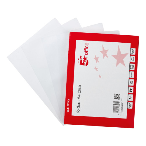 5 Star Office Folder Embossed Cut Flush Polypropylene with Thumb Hole 90 Micron A4 Clear [Pack 100]