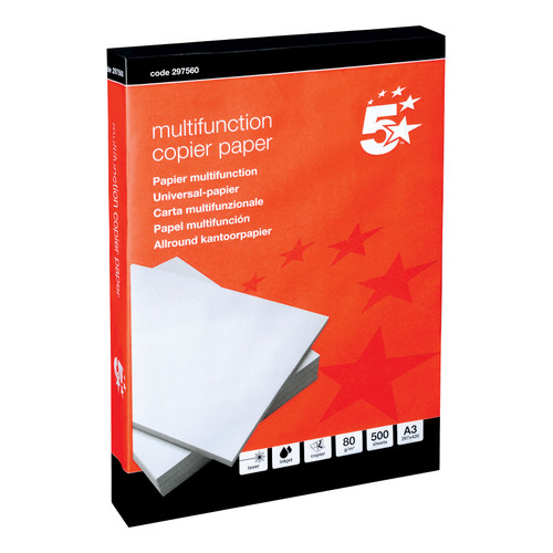 5 Star Office Copier Paper Multifunctional Ream-Wrapped 80gsm A3 White [500 Sheets]