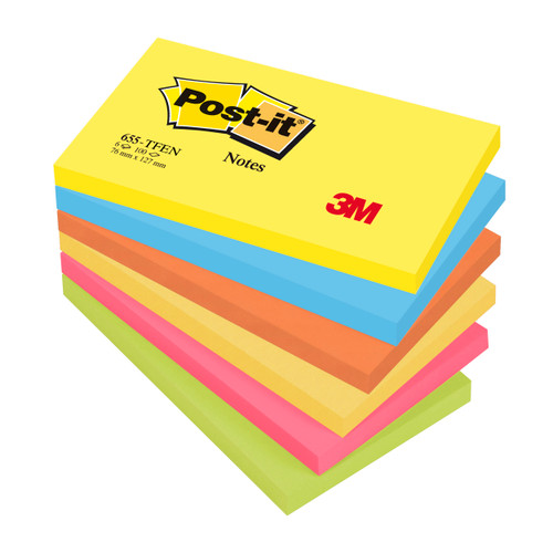 Post-it Colour Notes Pad of 100 Sheets 76x127mm Energetic Palette Rainbow Colours Ref 655TFEN [Pack 6]