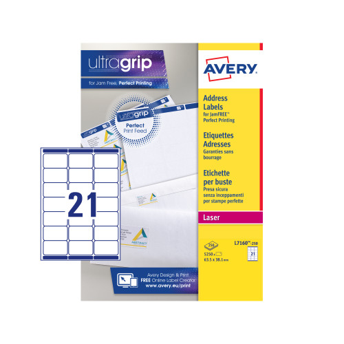 Avery Addressing Labels Laser Jam-free 21 per Sheet 63.5x38.1mm White Ref L7160-250 [5250 Labels]