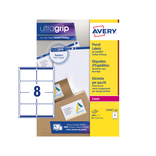 Avery Parcel Labels Laser Jam-free 8 per Sheet 99.1x67.7mm White Ref L7165-250 [2000 Labels]