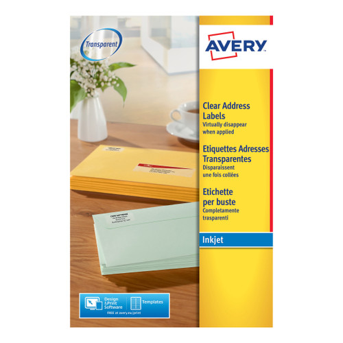 Avery Addressing Labels InkJet 21 per Sheet 63.5x38.1mm Clear Ref J8560-25 [525 Labels]