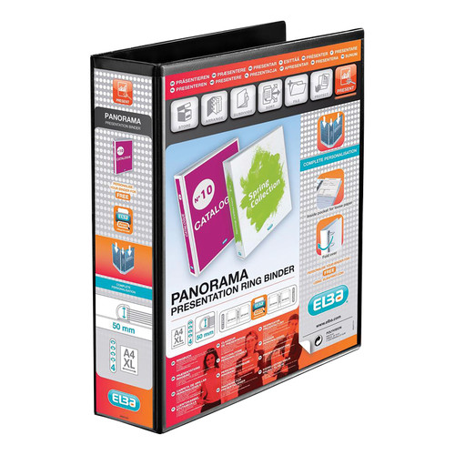 Elba Panorama Presentation Ring Binder PP 4 D-Ring 50mm Capacity A4 Black Ref 400008430 [Pack 4]