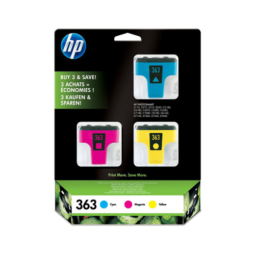 Hewlett Packard [HP] No.363 InkjetCarts Page Life Cyan 400pp/Mag 370pp/Yellow 500pp Ref CB333EE [Pack 3]