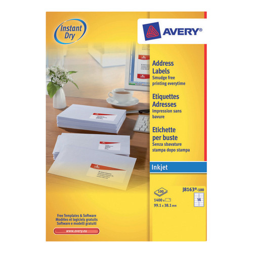 Avery Quick DRY Addressing Labels Inkjet 14 per Sheet 99.1x38.1mm White Ref J8163-100 [1400 Labels]