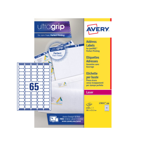 Avery Mini Address Labels Laser 65 per Sheet 38.1x21.2mm White Ref L7651-100 [6500 Labels]