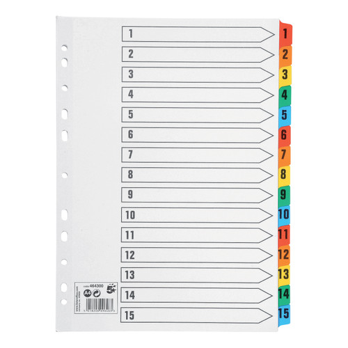 5 Star Office Index 1-15 Multipunched Mylar-reinforced Multicolour-Tabs 150gsm A4 White