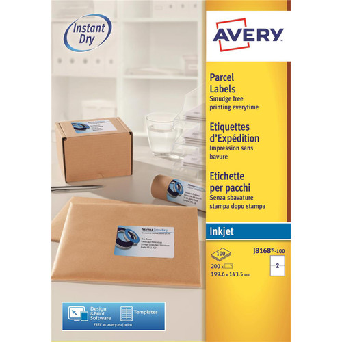 Avery QuickDRY Parcel Labels Inkjet 2 per Sheet 199.6x143.5mm White Ref J8168-100 [200 Labels]