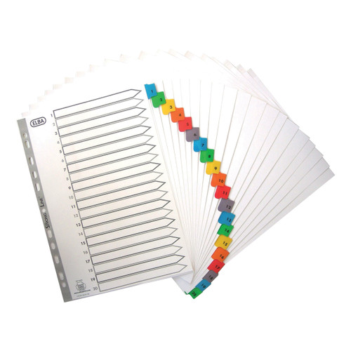 Elba Index 1-20 Multipunched Mylar-reinforced Multicolour-Tabs 170gsm A4 White Ref 100209108