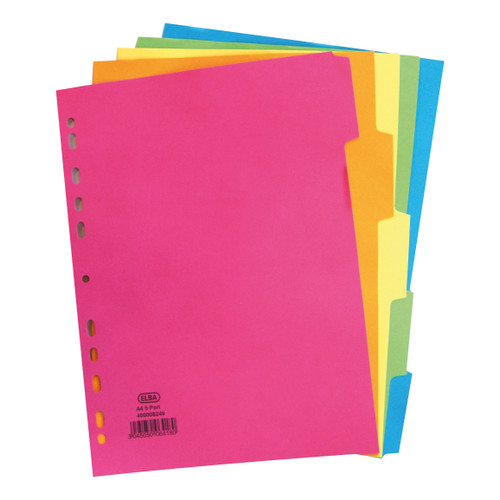 Elba Bright Subject Dividers 5-Part Card Multipunched Recyclable 160gsm A4 Assorted Ref 400008249