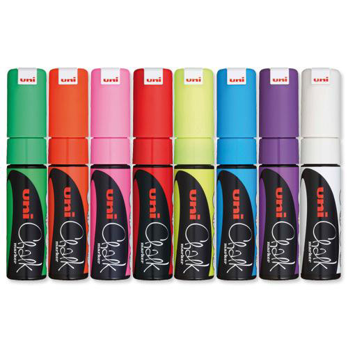 Uni Chalk Marker Broad Chisel Tip PWE-8K Line Width 8mm Wallet Assorted Ref 153494343 [Pack 8]