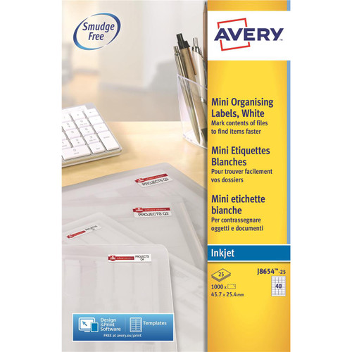 Avery Mini Multipurpose Labels Inkjet 40 per Sheet 45.7x25.4mm White Ref J8654-25 [1000 Labels]