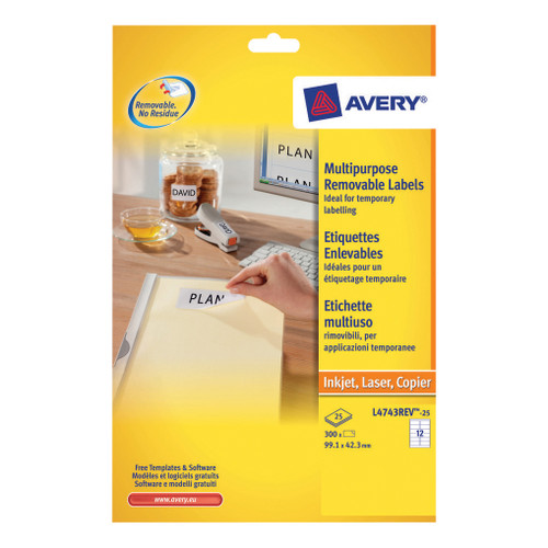 Avery Multipurpose Labels Removable Laser 12 per Sheet 99.1x42.3mm White Ref L4743REV-25 [300 Labels]