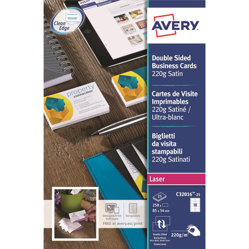 Avery Quick and Clean Business Cards Laser 220gsm 10 per Sheet Satin Colour Ref C32016-25 [250 Cards]