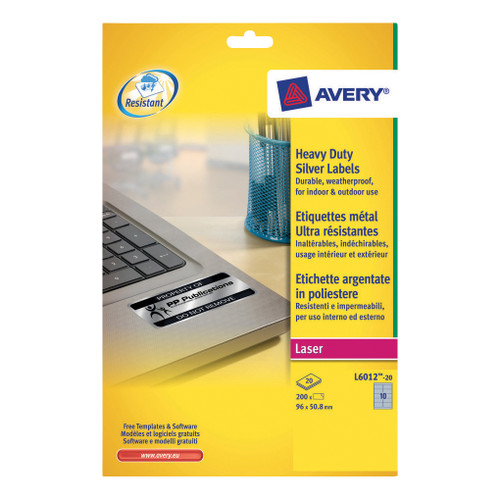 Avery Heavy Duty Labels Laser 10 per Sheet 96x50.8mm Silver Ref L6012-20 [200 Labels]
