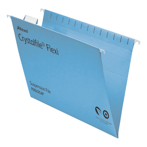 Rexel Crystalfile Flexifile Suspension File 15mm V-base 225gsm Foolscap Blue Ref 3000041 [Pack 50]