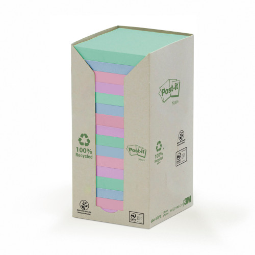 Post-it Notes Pad Recycled Tower Pack 76x76mm Pastel Rainbow Ref 654-1RPT [Pack 16]