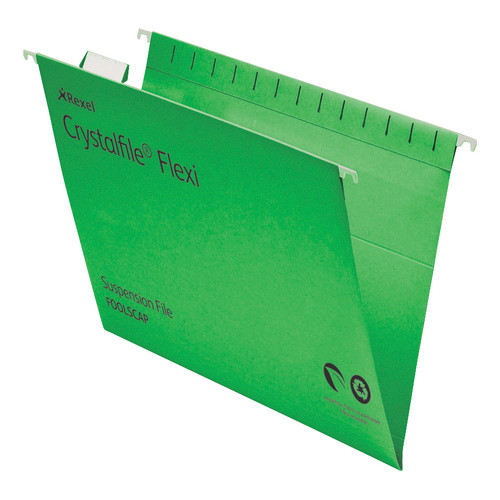 Rexel Crystalfile Flexifile Suspension File 15mm V-base 225gsm Foolscap Green Ref 3000040 [Pack 50]