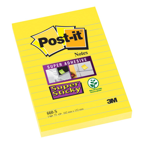 Post-it Super Sticky Removable Notes Ruled Pad 90 Sheets 102x152mm Yellow Ref 660S [Pack 6]