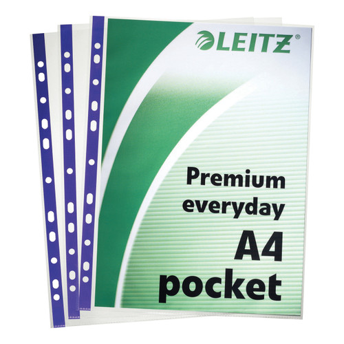 Leitz Premium Presentation Pocket Blue Strip Top and Side-opening 75 Micron A4 Clear Ref 62011 [Pack 25]