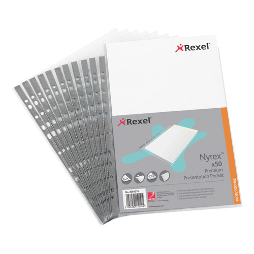 Rexel Nyrex Premium Presentation Pockets Top-opening 90 Micron A4 Glass Clear Ref 2001018 [Pack 50]