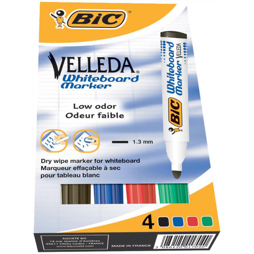 Bic Velleda Marker Whiteboard Dry-wipe 1701 Large Bullet Tip 1.5mm Line Assorted Ref 904941 [Pack 4]