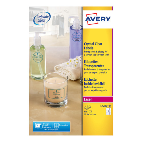 Avery Crystal Clear Labels Laser Durable 21 per Sheet 63.5x38.1mm Transparent Ref L7782-25 [525 Labels]