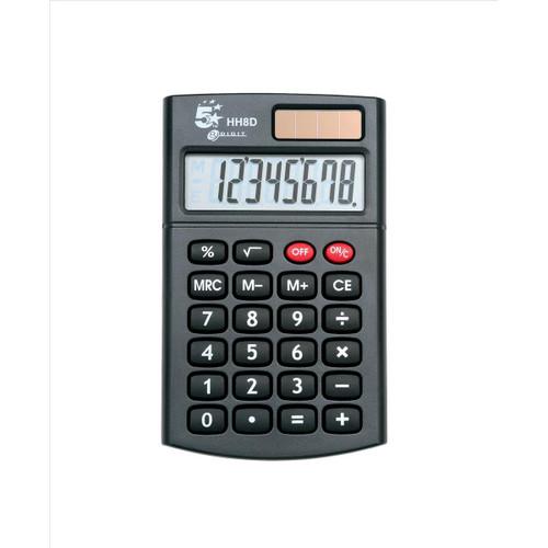 5 Star Office Handheld Calculator 8 Digit 3 Key Memory Solar and Battery Power 56x8x100mm Black