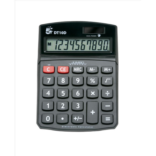 5 Star Office Desktop Calculator 10 Digit Display 3 Key Memory Battery/Solar Power 94x32x124mm Black