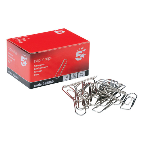 5 Star Office Paperclips No Tear Extra Large Length 33mm [Pack 10x100]