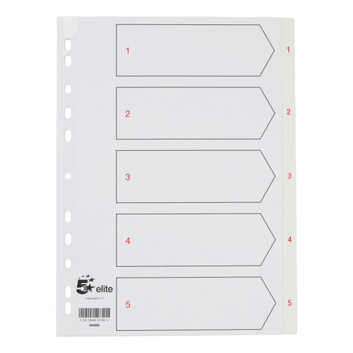 5 Star Elite Premium Index 1-5 Polypropylene Multipunched Reinforced Holes 120 Micron A4 White