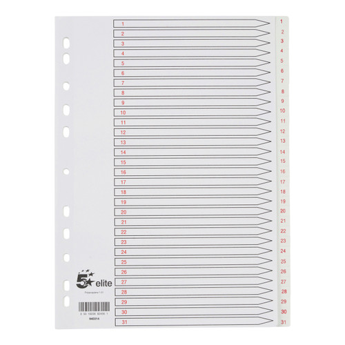 5 Star Elite Premium Index1-31 Polypropylene Multipunched Reinforced Holes 120 Micron A4 White