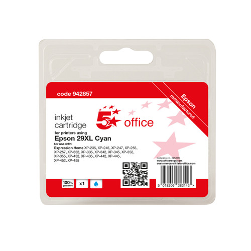5 Star Office Remanufactured Inkjet Cartridge Page Life Cyan 450pp [Epson C13T29924012 Alternative]