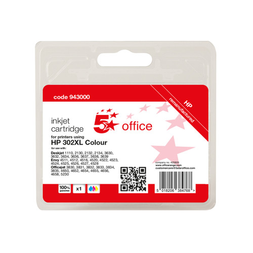 5 Star Office Reman Inkjet Cartridge Page Life Tri-Colour 330pp [HP No.302XL F6U67AE Alternative]