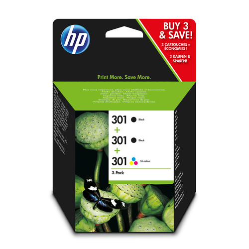 Hewlett Packard 301 Inkjet Cartridge Blackx2 190pp/Colx1 165pp 9ml Ref E5Y87EE [Pack 3]