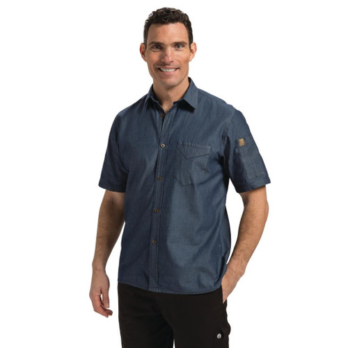 Chef Works Detroit Unisex Denim Shirt Short Sleeve Blue XL