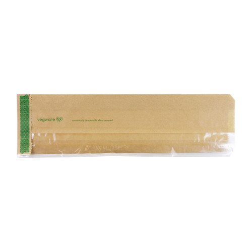Vegware Compostable Kraft Greaseproof Food Bags With PLA Window 355 x 100mm (Pack of 1000)