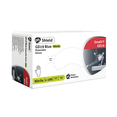 Shield Powder-Free Nitrile Gloves Small Blue (100 Pack) GD19