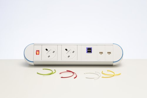 Impulse Desktop Module 2 x UK Sockets (3.15A), 1 x Neon Switch 1 x 500mm Lead to 3 Pole Connector, 1 x Smart Charge, 2 x CAT5E Data in Black