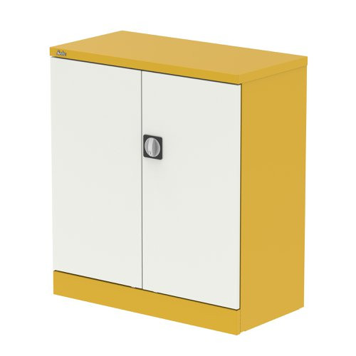 Qube 1000mm 2-Door Stationery Cupboard Lemon Yellow And Satin White With Shelf